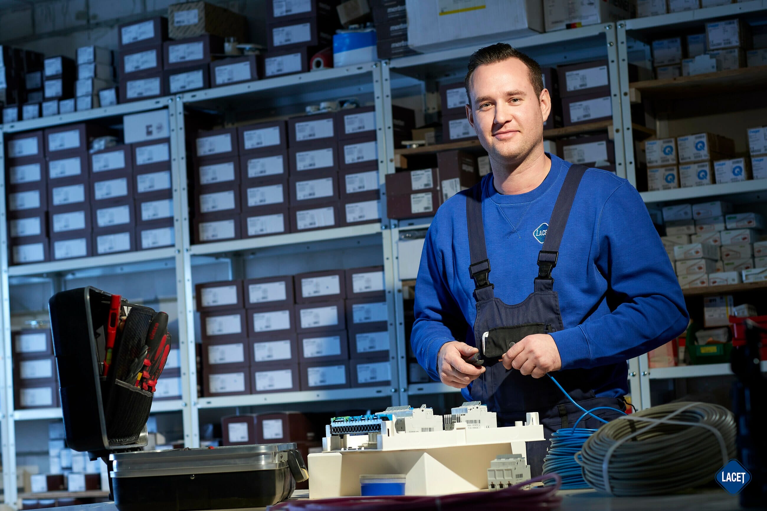 Ein Mann in einem blauen Hemd steht in einer Lagerhalle.